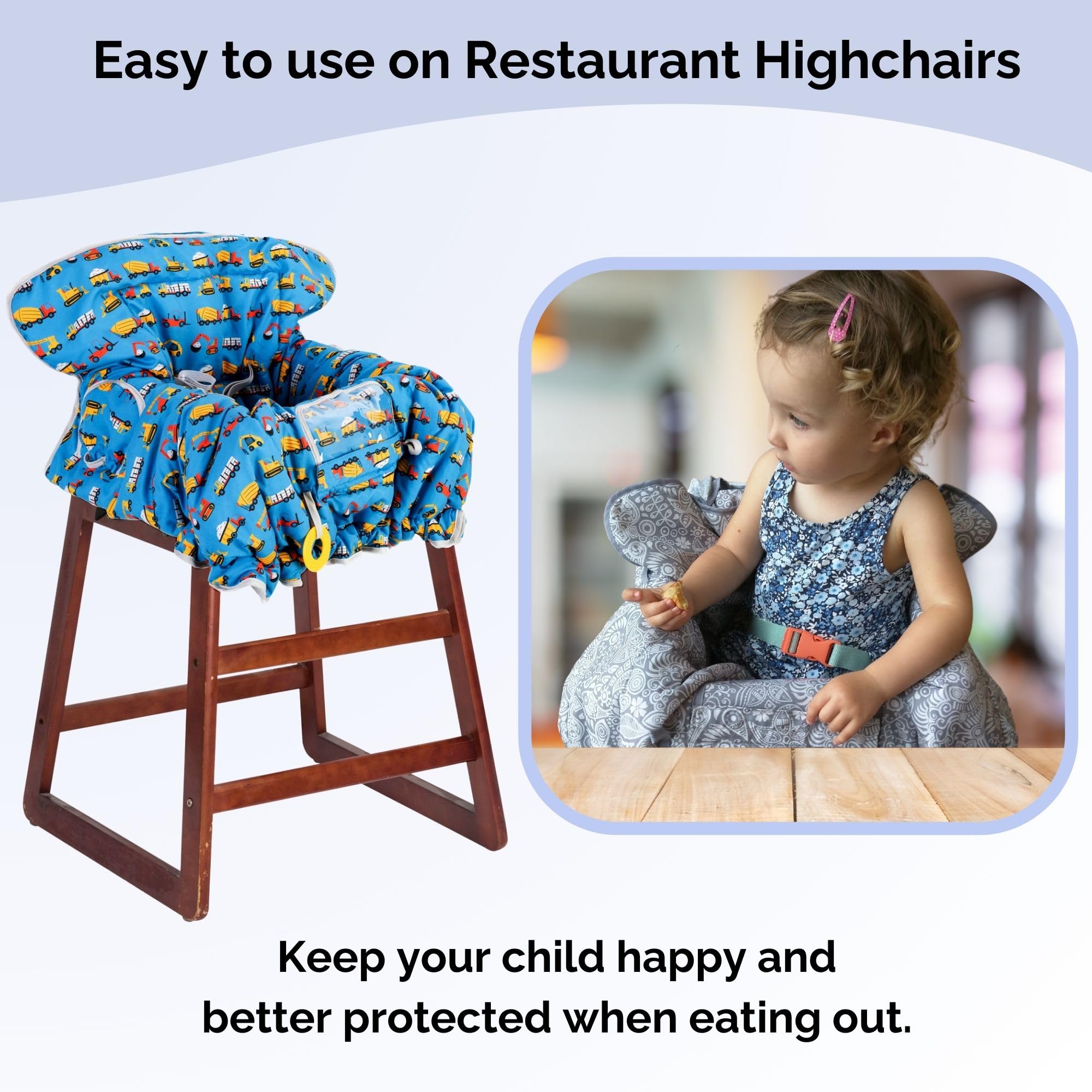 Suessie cart cover installed on cart with child for quick, hands-free setup.