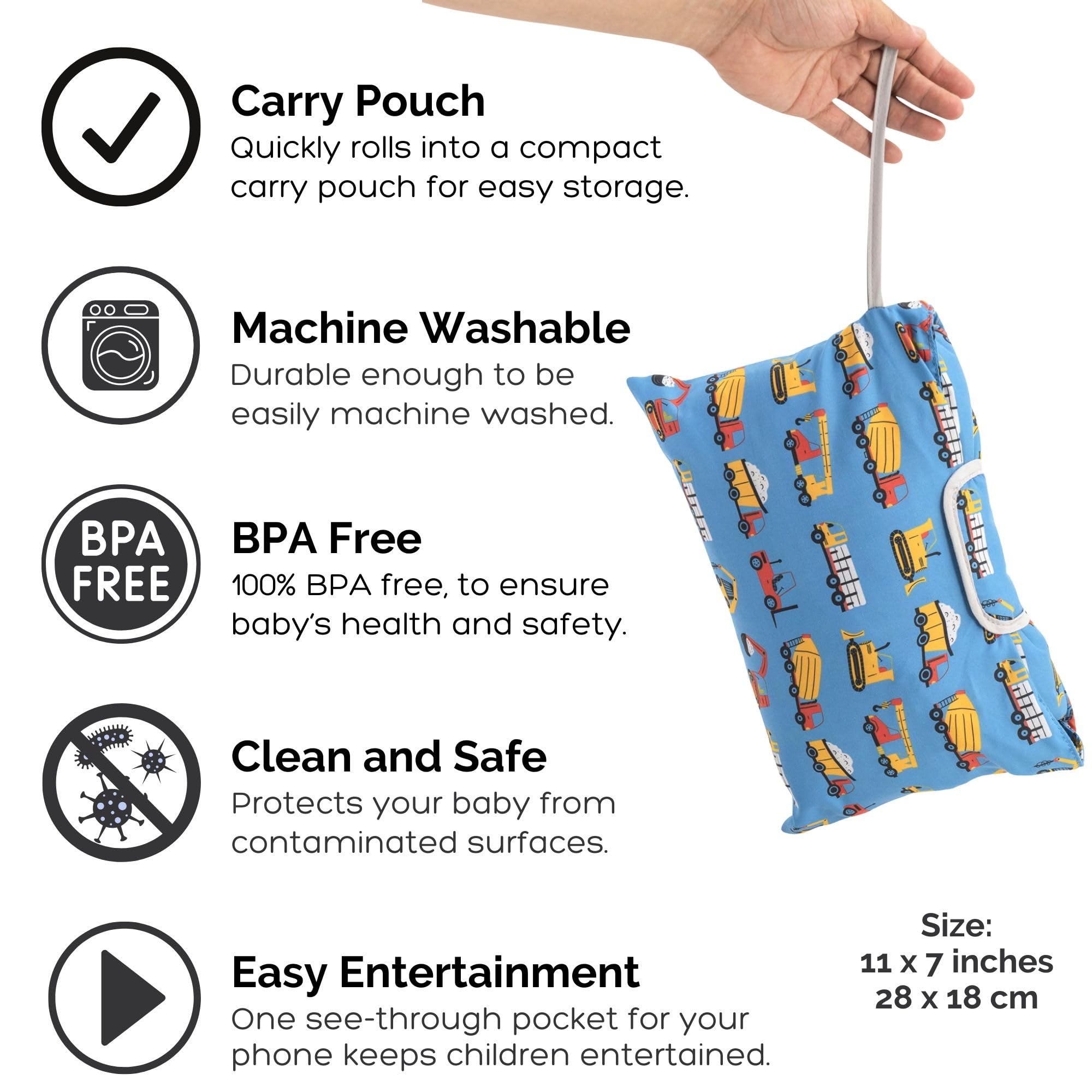 Suessie see-through phone pocket keeps child entertained during errands.