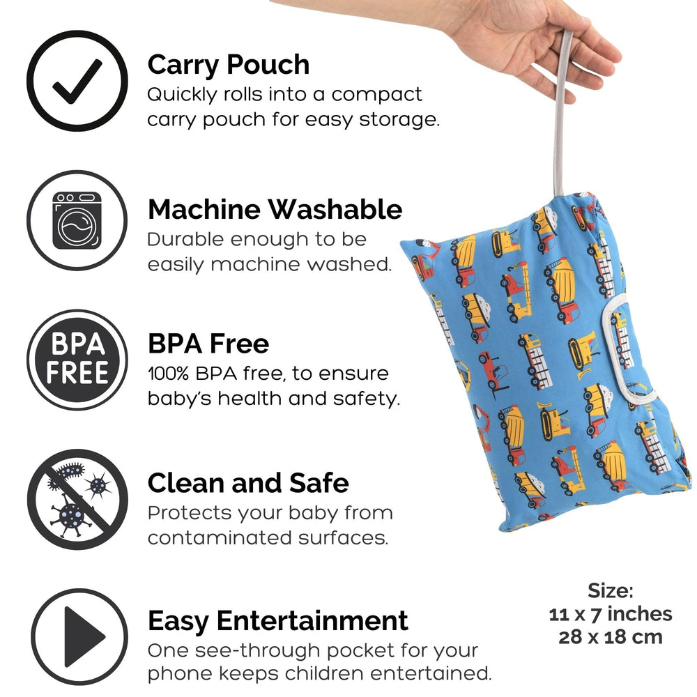 Suessie see-through phone pocket keeps child entertained during errands.