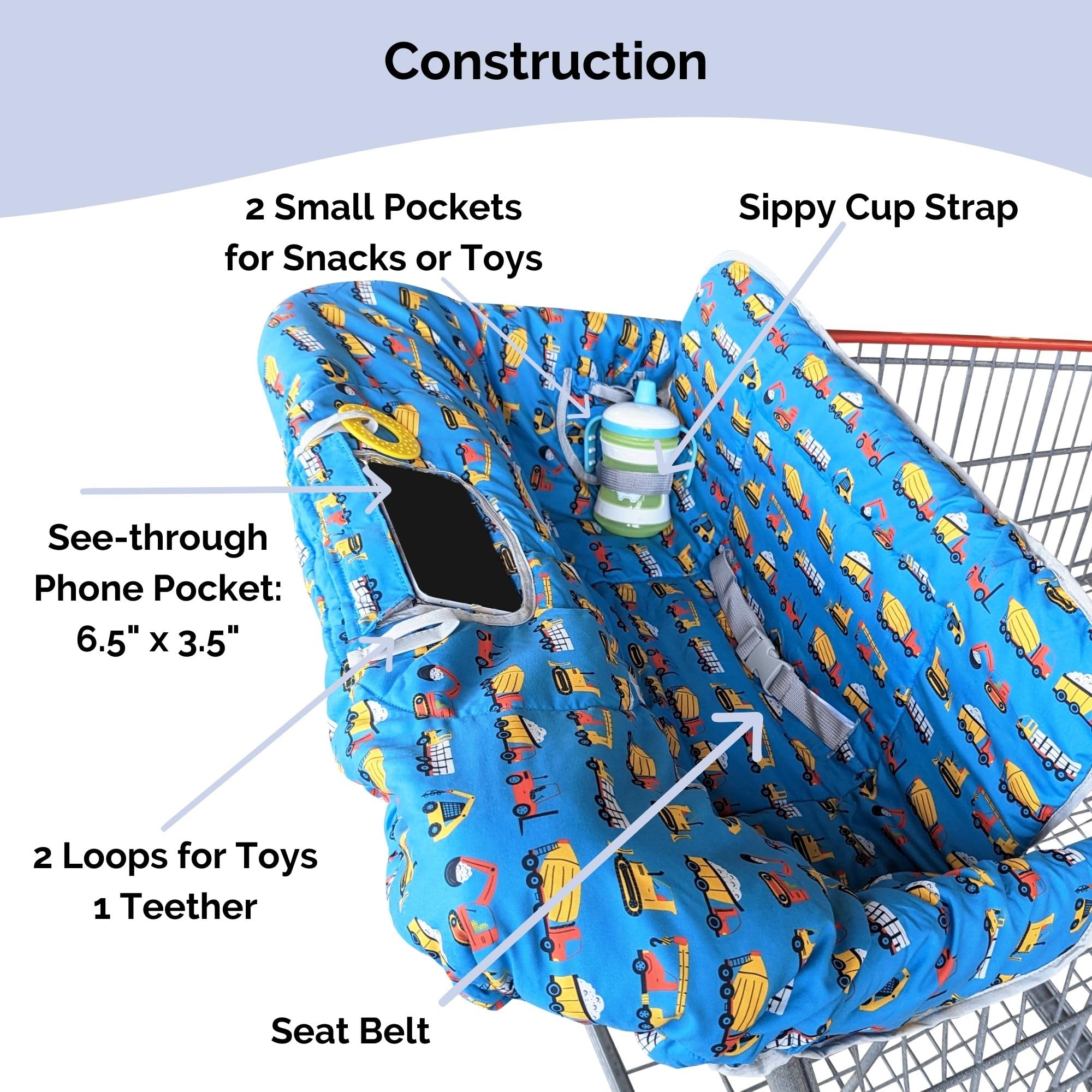 Suessie cart cover features sippy cup strap to prevent spills.