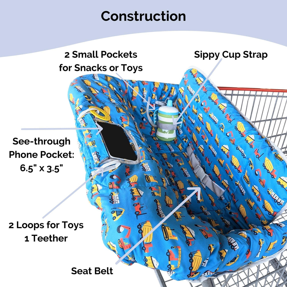 Suessie cart cover features sippy cup strap to prevent spills.