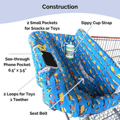 Suessie cart cover features sippy cup strap to prevent spills.