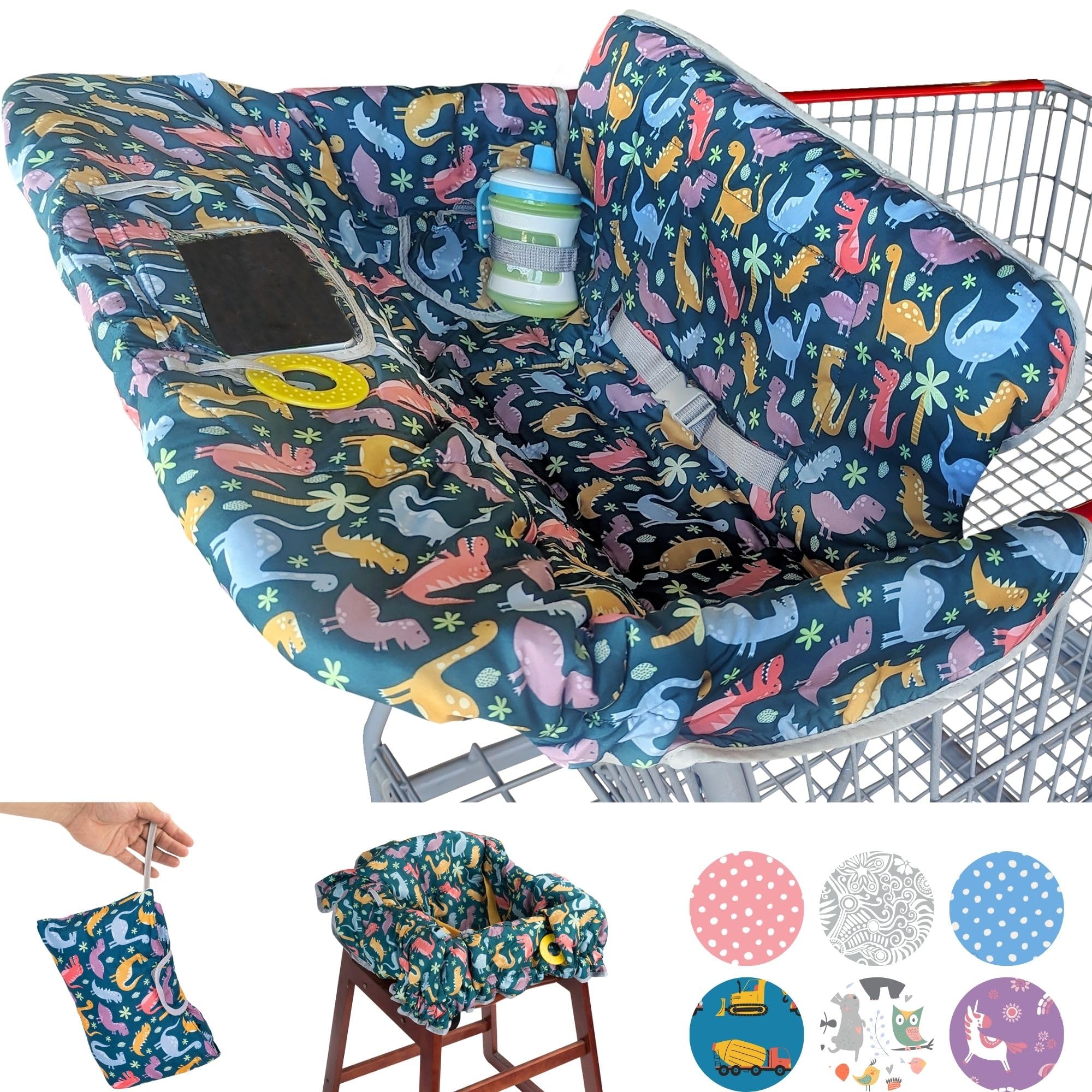 Suessie dinosaurs cart-cover close-up in soft fabric protects baby during shopping.