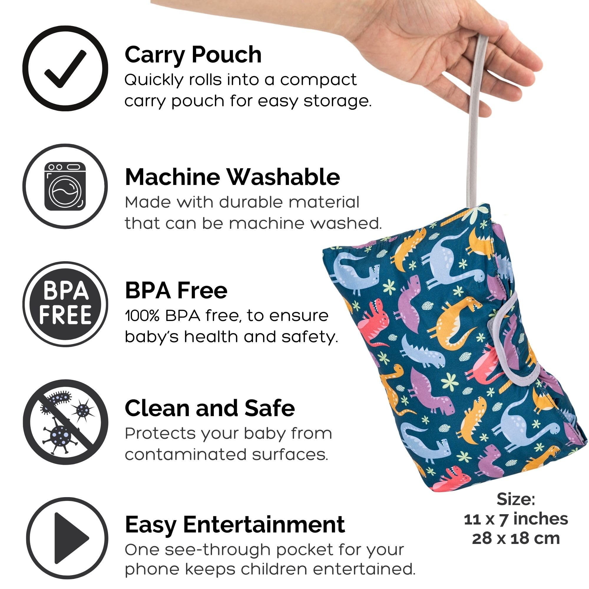 Suessie dinosaurs sippy cup strap prevents spills while shopping.
