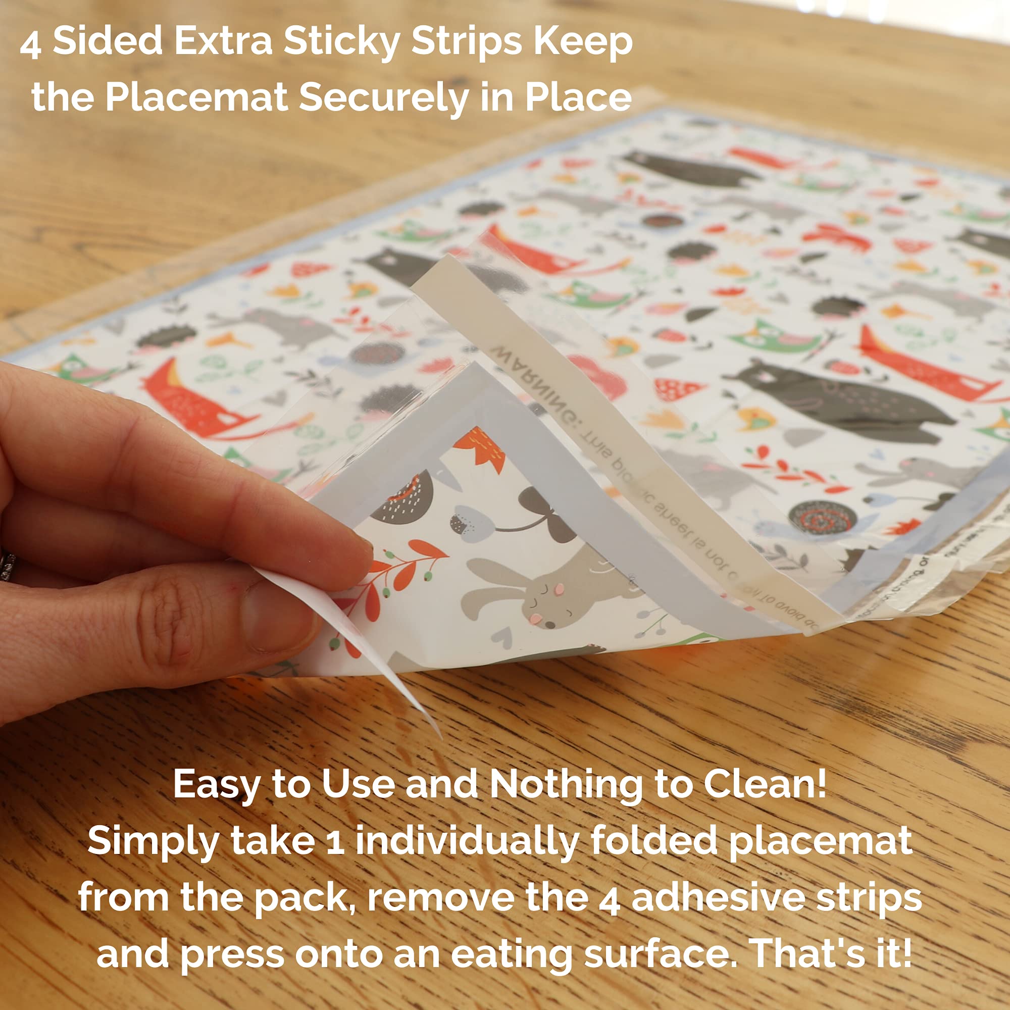 Suessie forest animals design placemats add kid-friendly fun to mealtime.