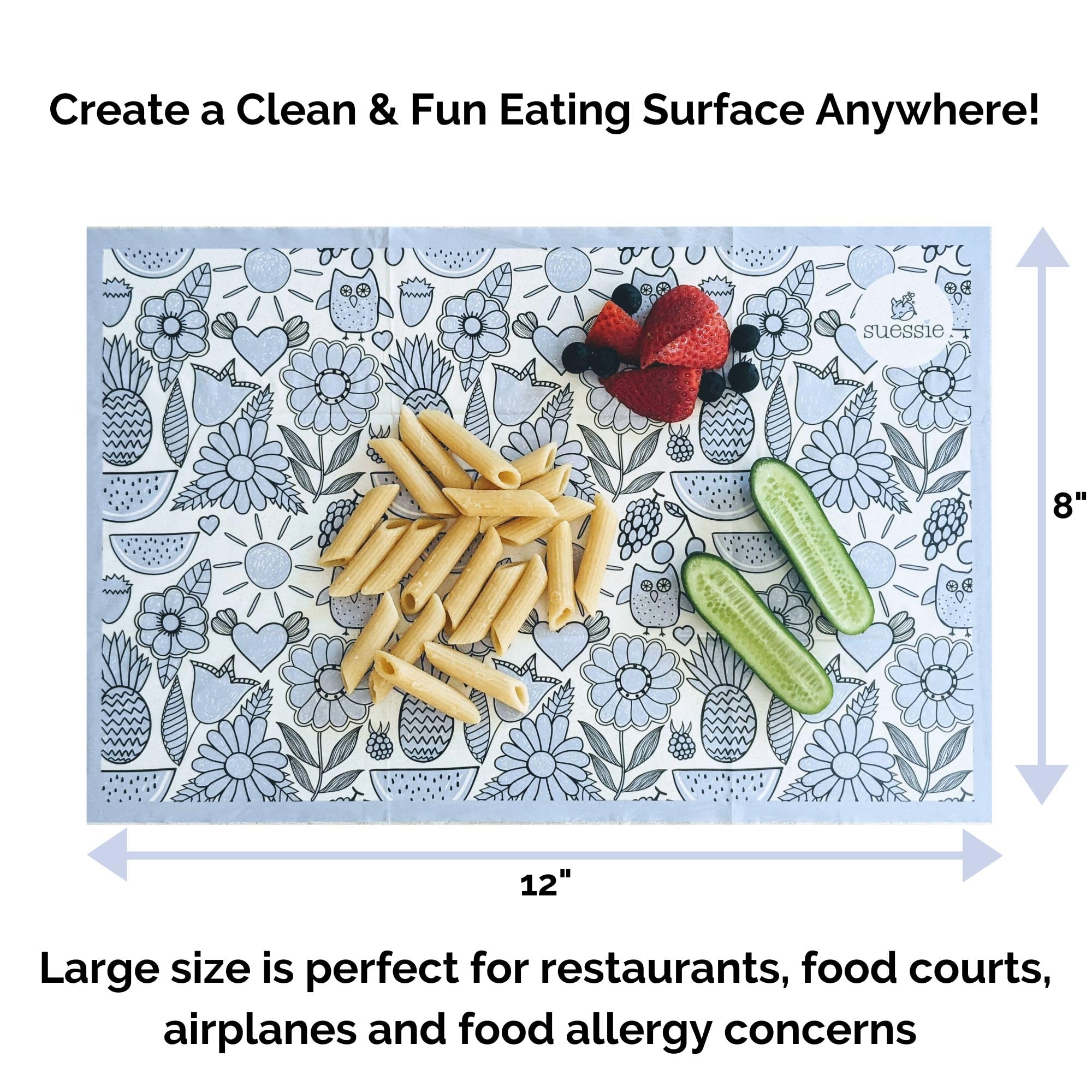 Suessie Happy Owls placemats pack-inside image showing 12x18-inch size for meals