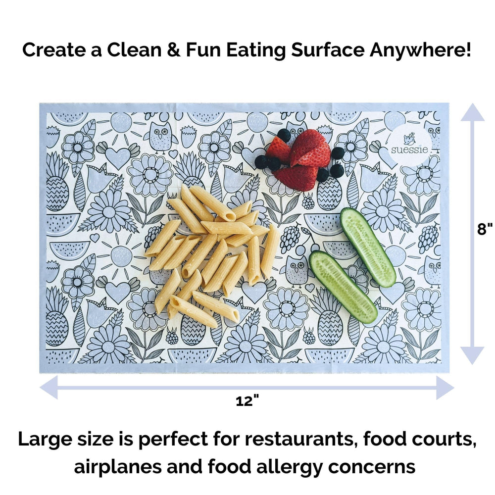 Suessie Happy Owls placemats pack-inside image showing 12x18-inch size for meals