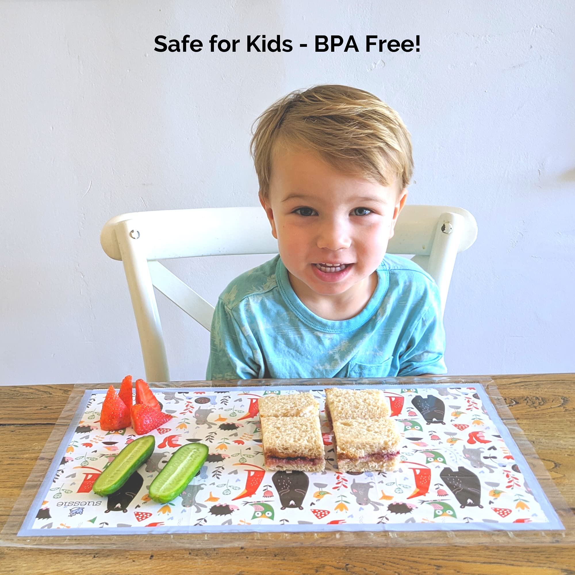 Suessie on-the-go placemats keep surfaces clean in planes and restaurants.