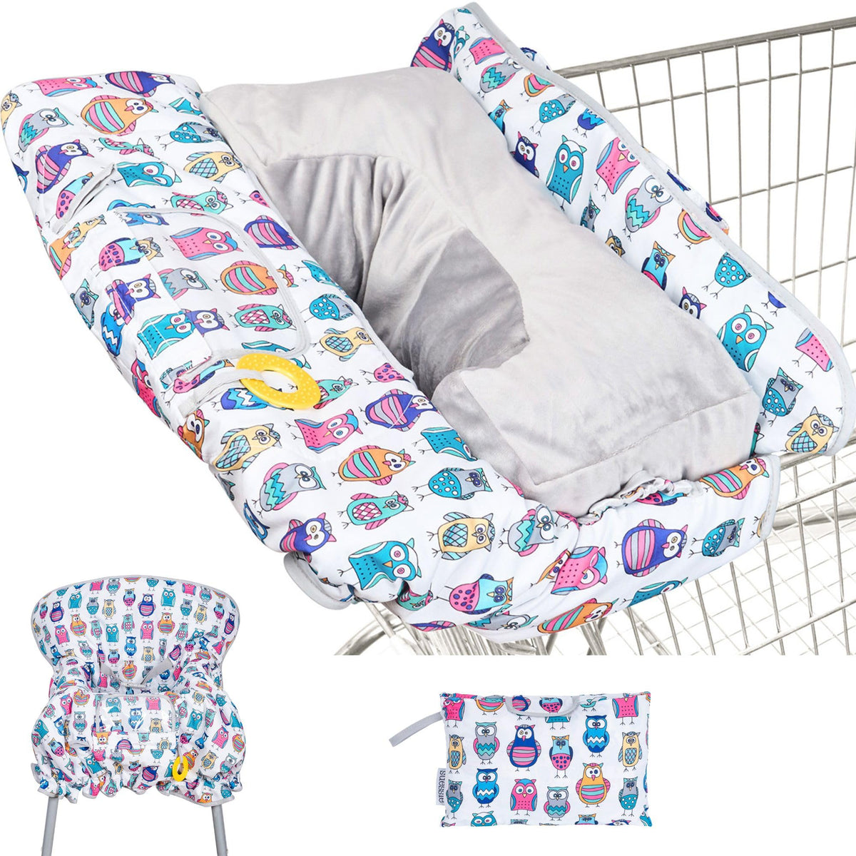 Suessie shopping cart cover with owl pattern provides a clean, safe shopping surface.