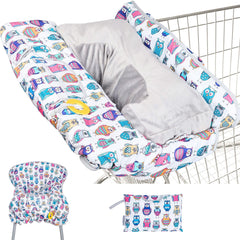 Suessie shopping cart cover with owl pattern provides a clean, safe shopping surface.