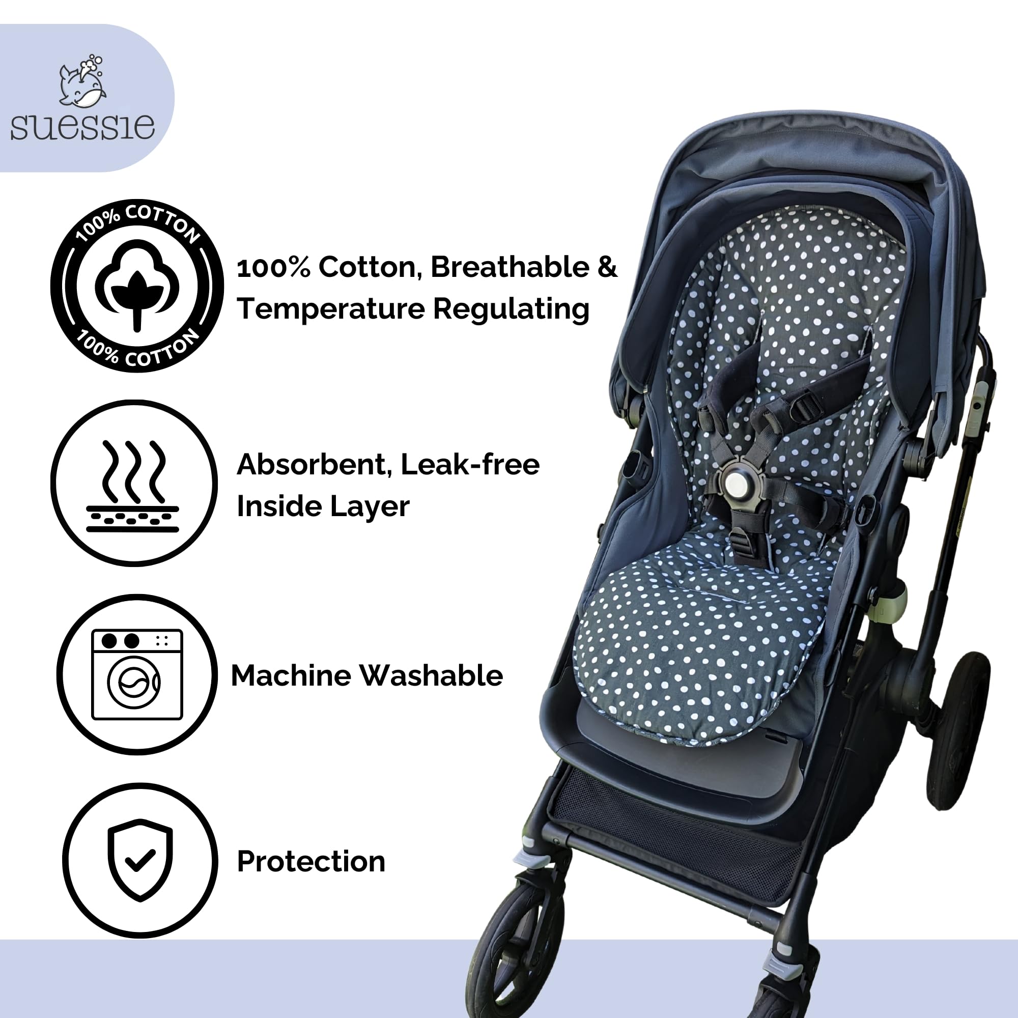 Suessie stroller liner reversible-design-inside-view shows same fabric on both sides for spill flips.