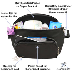 Suessie stroller-organizer-with-hooks mounted on a stroller for hands-free parenting.