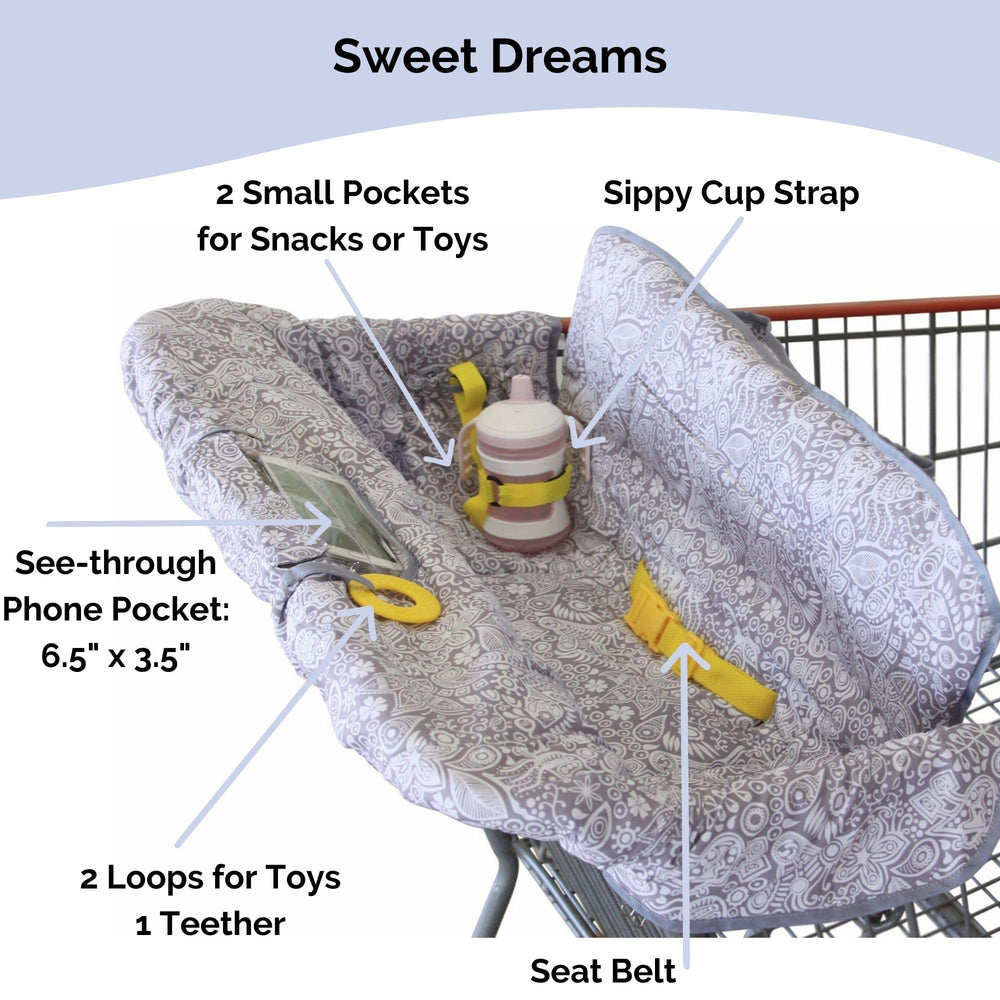 Suessie Sweet Dreams highchair cover with pockets keeps snacks within reach.