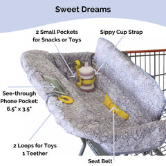 Suessie Sweet Dreams highchair cover with pockets keeps snacks within reach.