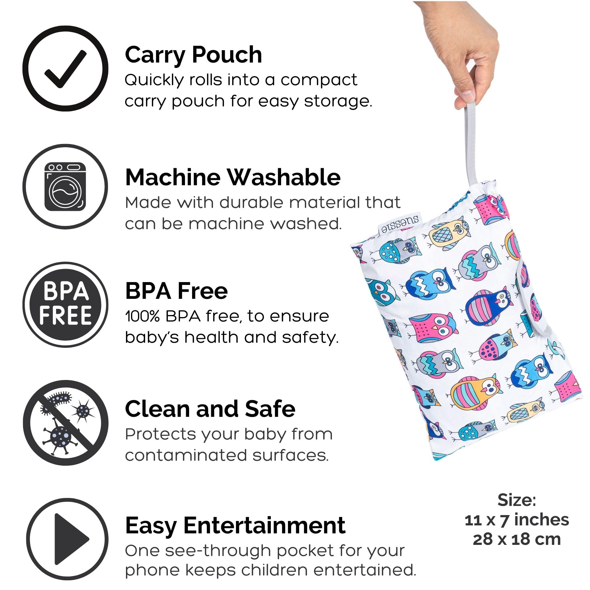 Suessie teether and toy loops keep little hands engaged while you shop.
