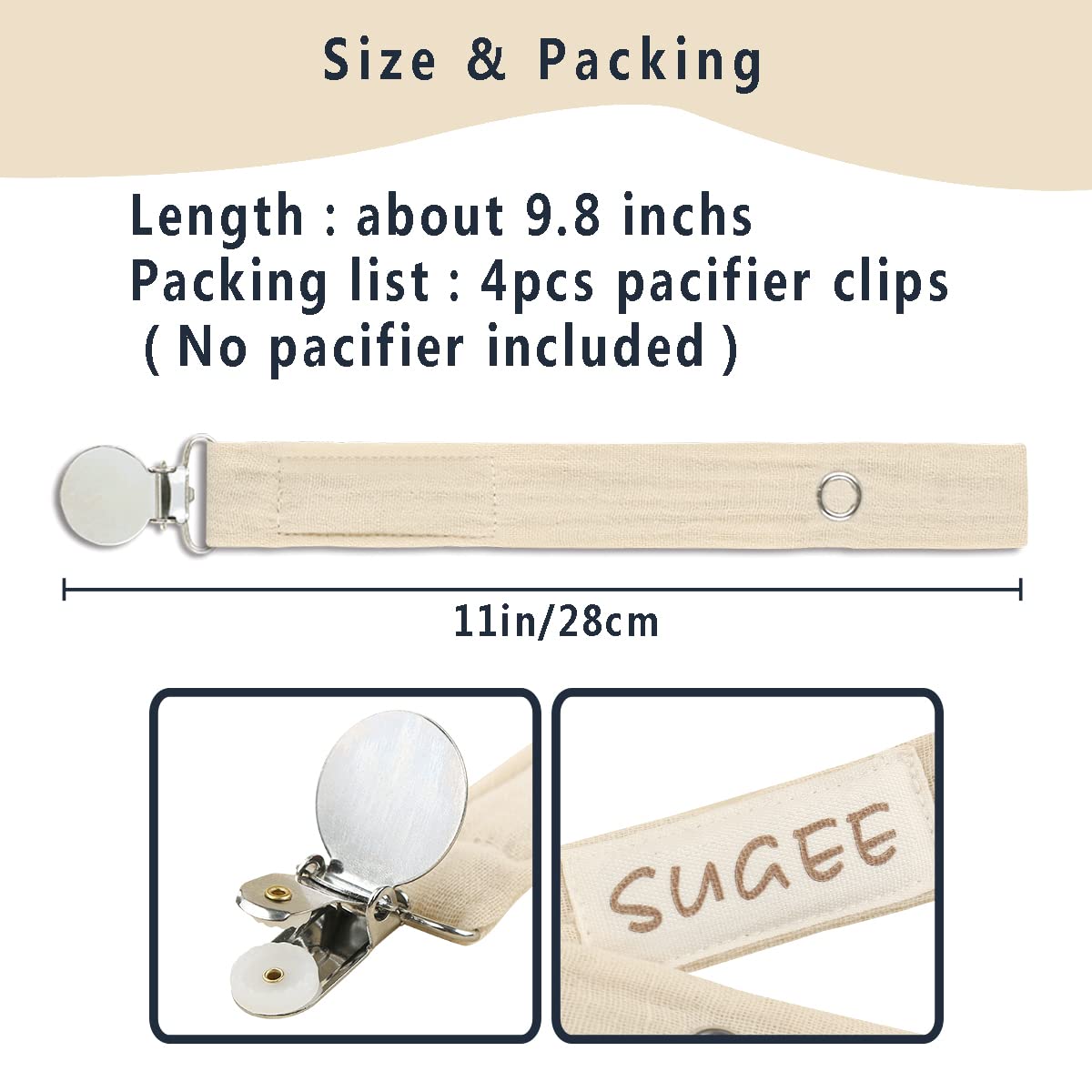 Sugee baby pacifier clip lilac close-up demonstrates safe, soft textile against skin.