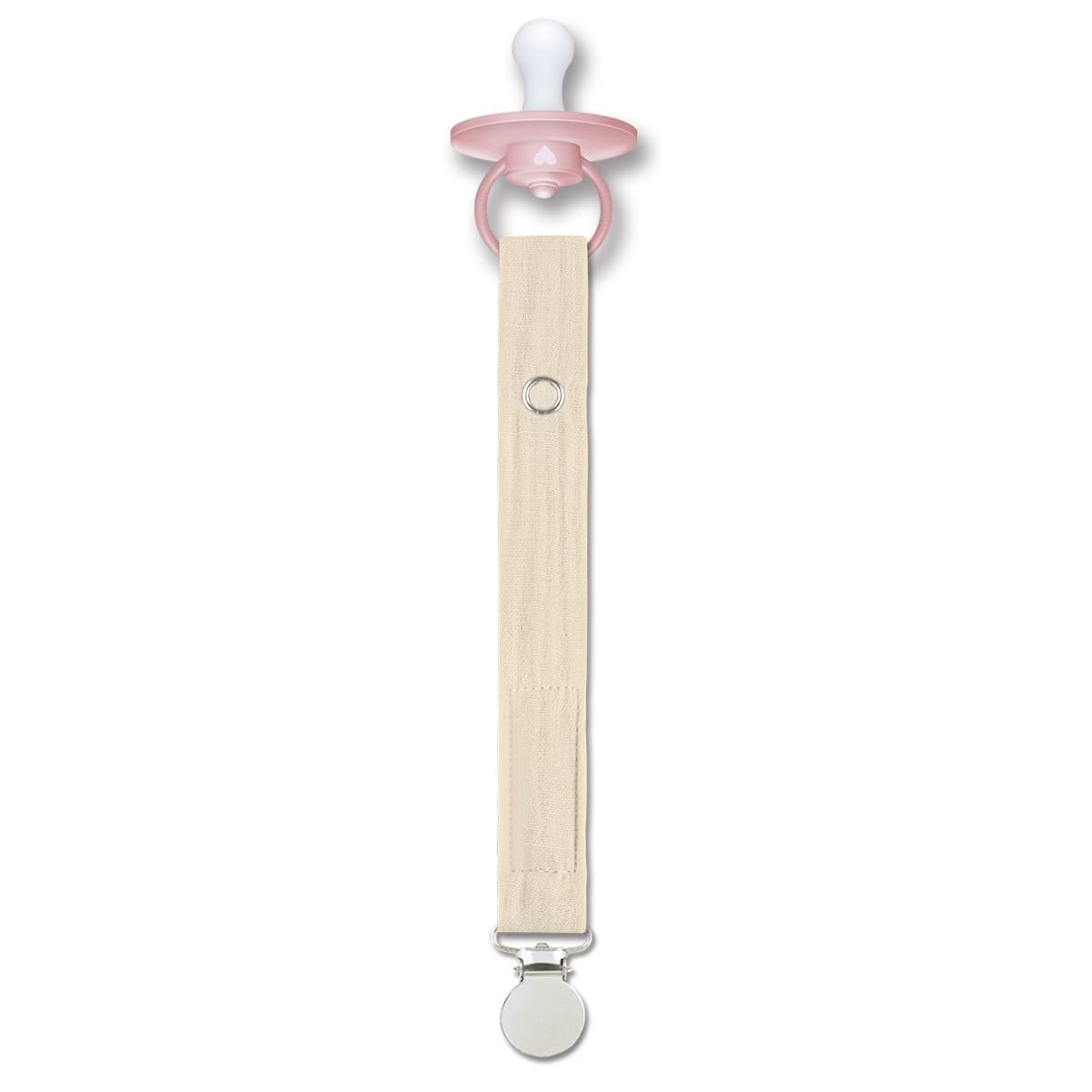 Sugee pacifier clip on clothing close view demonstrates secure, tear-free wear.