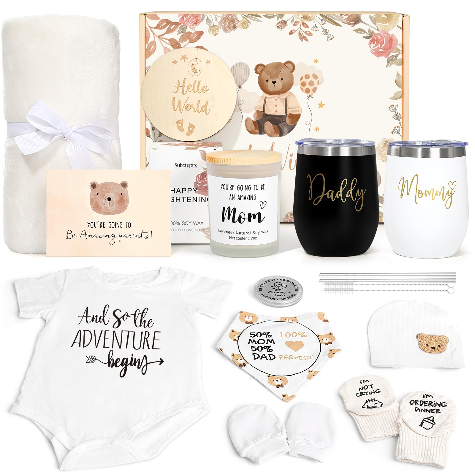 Suhctuptx new mom gift basket front view with baby essentials and insulated tumbler for new-mom celebrations