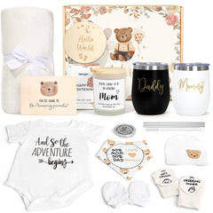 Suhctuptx new mom gift basket front view with baby essentials and insulated tumbler for new-mom celebrations