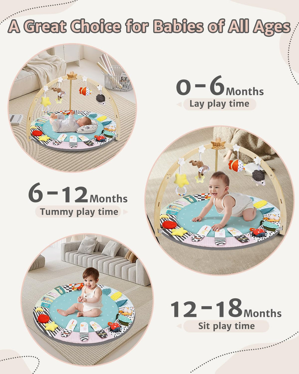 Suihuooo Baby Play Gym large-space wooden frame enables multiple positions and easy play