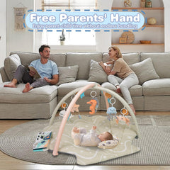 Six detachable toys on beige play mat ready for baby play