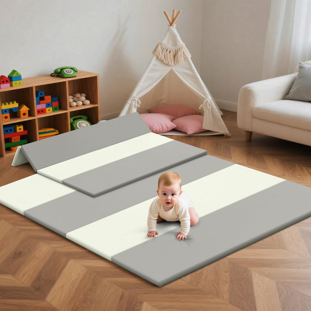 suihuooo baby play mat foldable beige closeup showing thickness and soft surface for tummy time