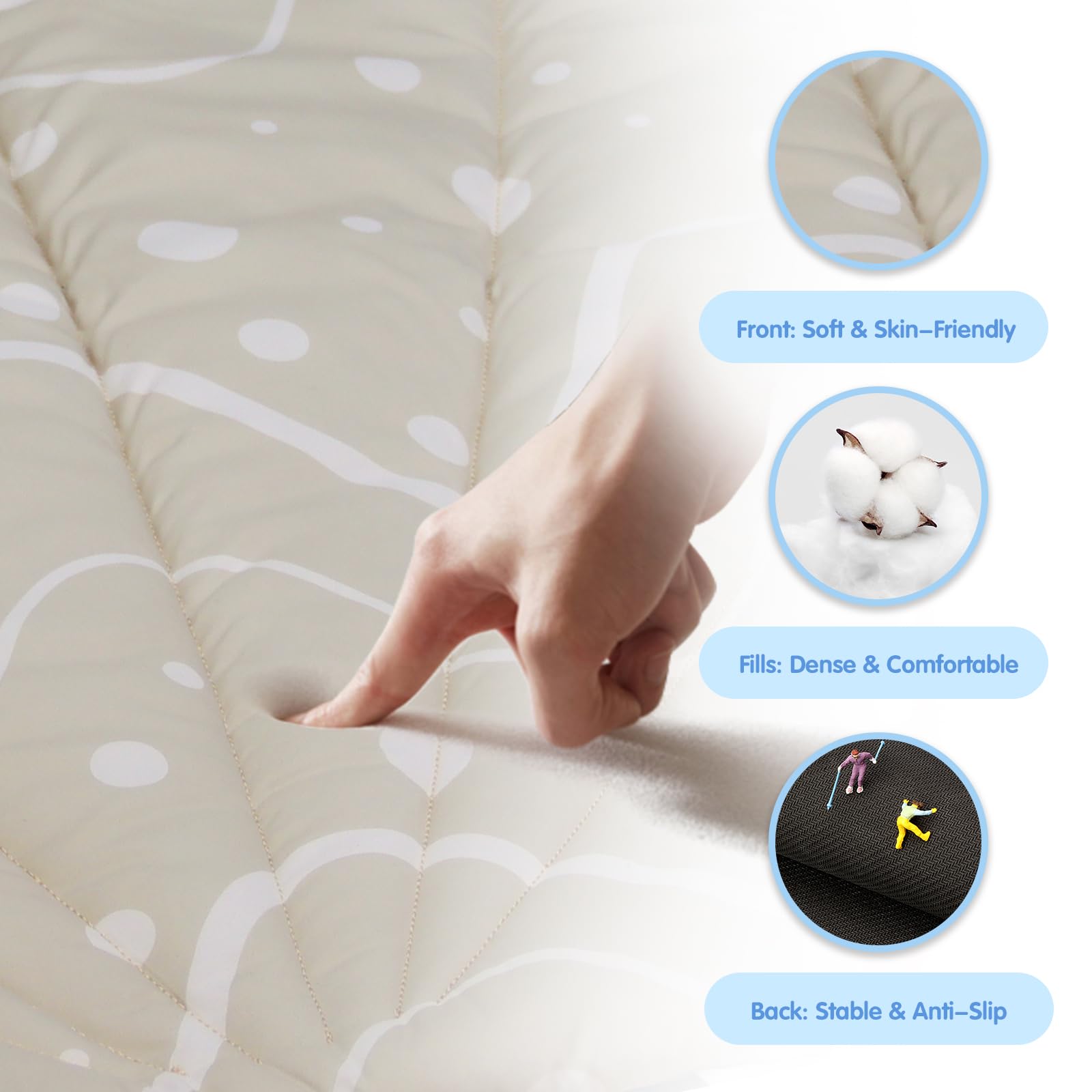 Non-slip back of beige baby play mat keeps it steady on floor