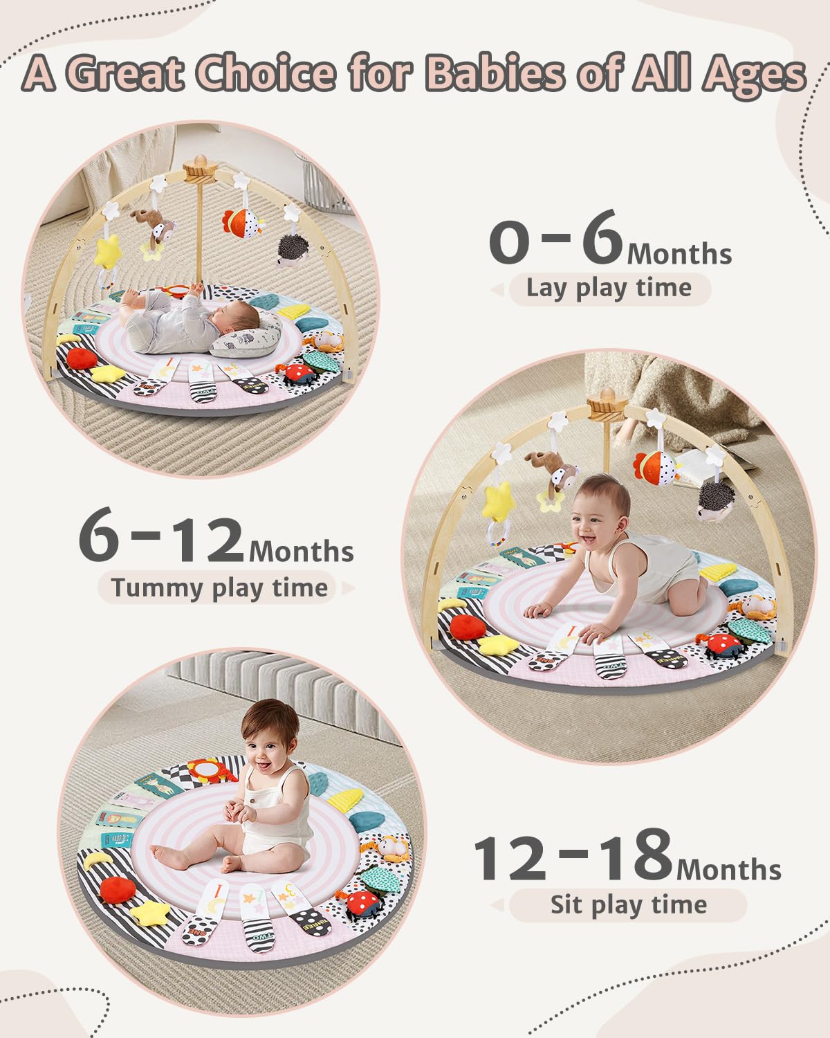 Suihuooo tummy-time toys and hanging accessories encourage reaching and curiosity during play.
