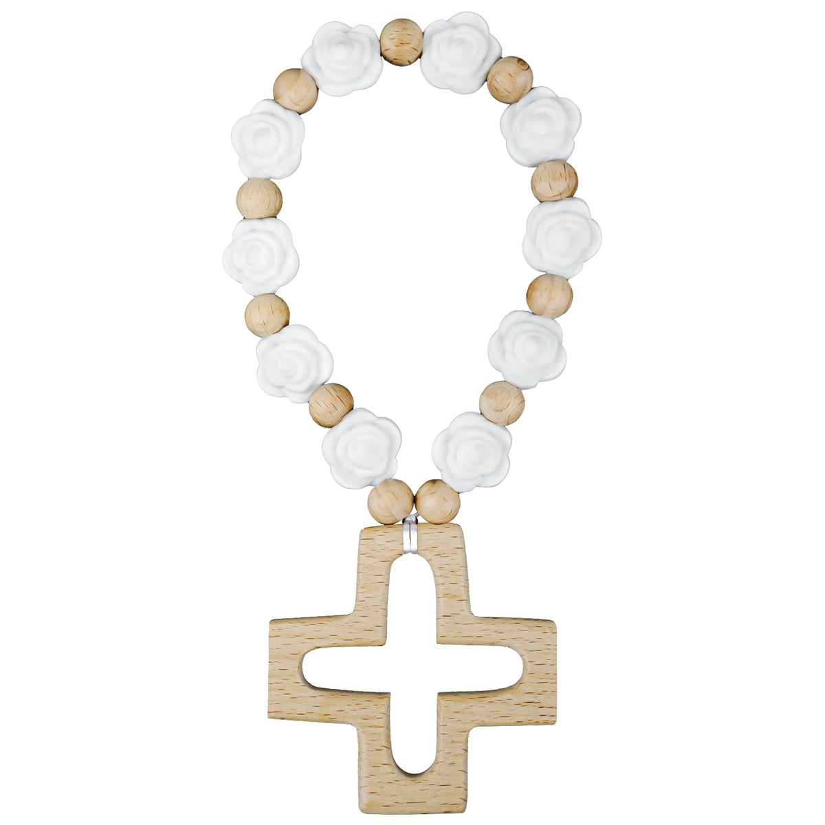 Sumalon Cross Baptism Silicone Rosary 22cm with smooth silicone beads for gentle handling.
