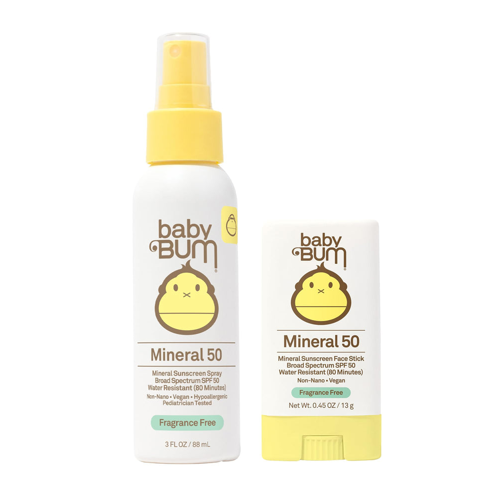 Sun Bum Baby Bum SPF50 sunscreen spray bottle provides mineral UVA/UVB protection for delicate skin.