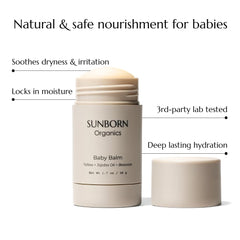 Sunborn Organics Baby Balm ingredients close-up showing gentle moisture from tallow and jojoba.