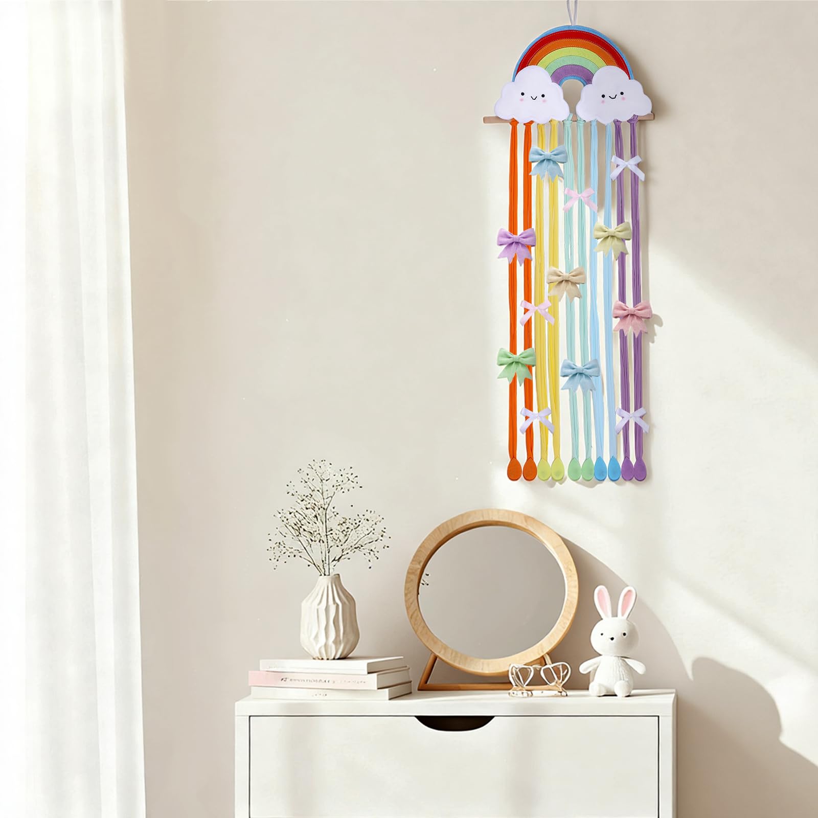 Suncalla rainbow bows display brightens playroom and streamlines morning outfit prep
