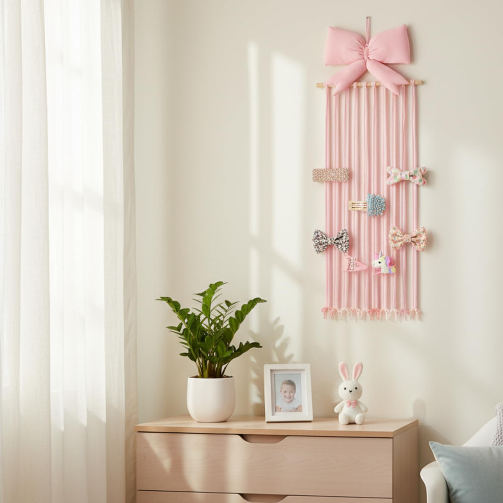 Suncalla wooden-frame bow display blends with nursery decor and themes.