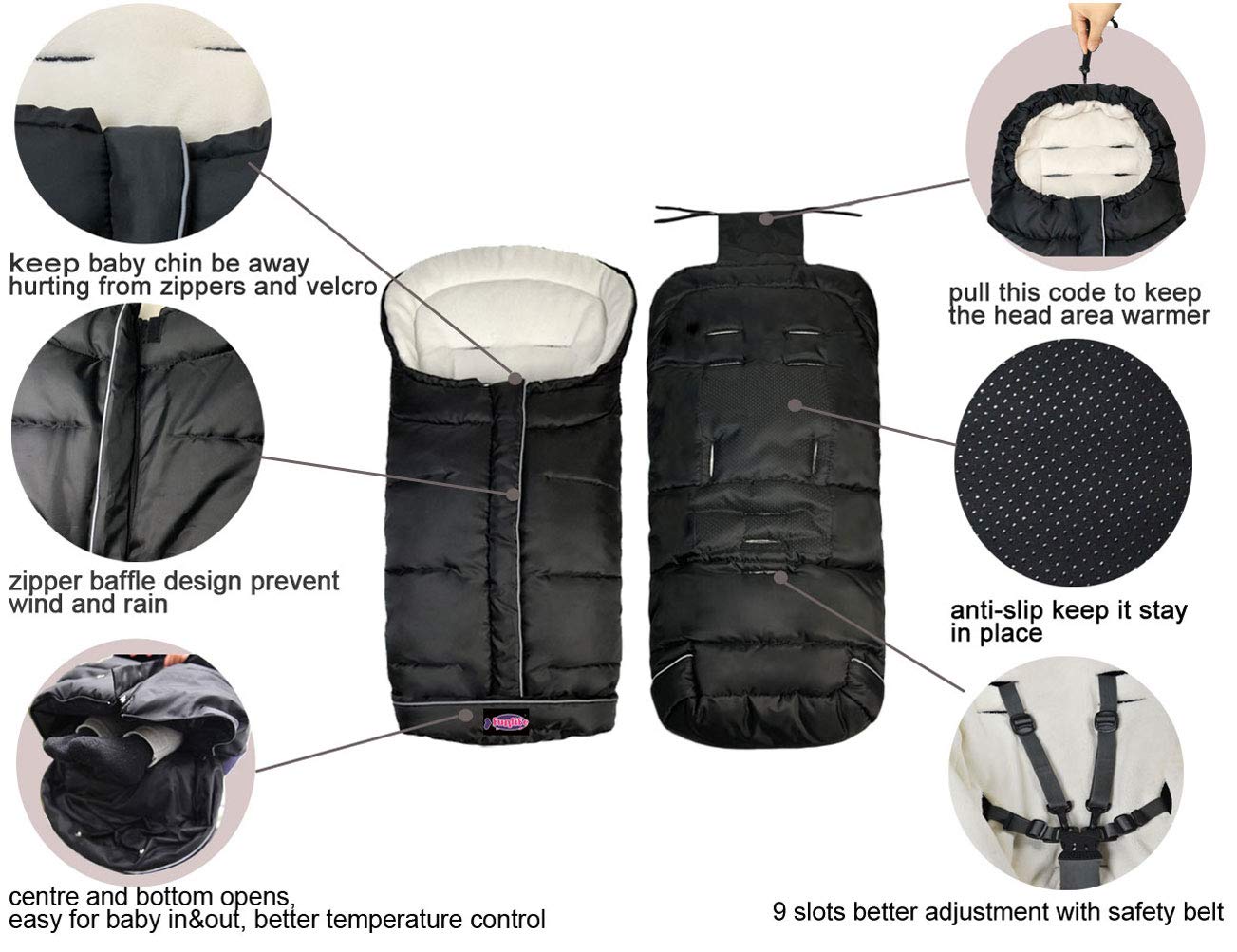 Sunday Go 3-Seasons Footmuff three-way zipper enables easy entry and temperature control
