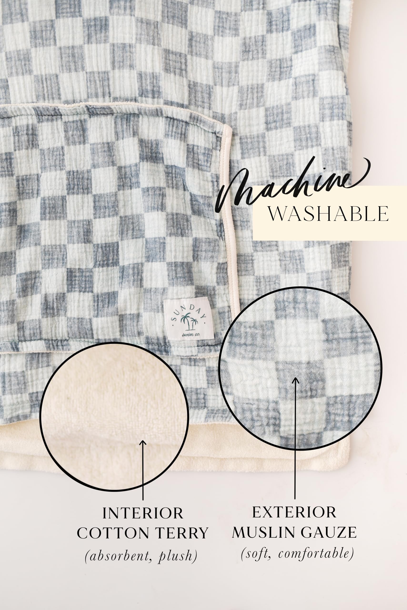 Sunday Swim Co hooded poncho towel back view shows two-tone checker design and easy wearability