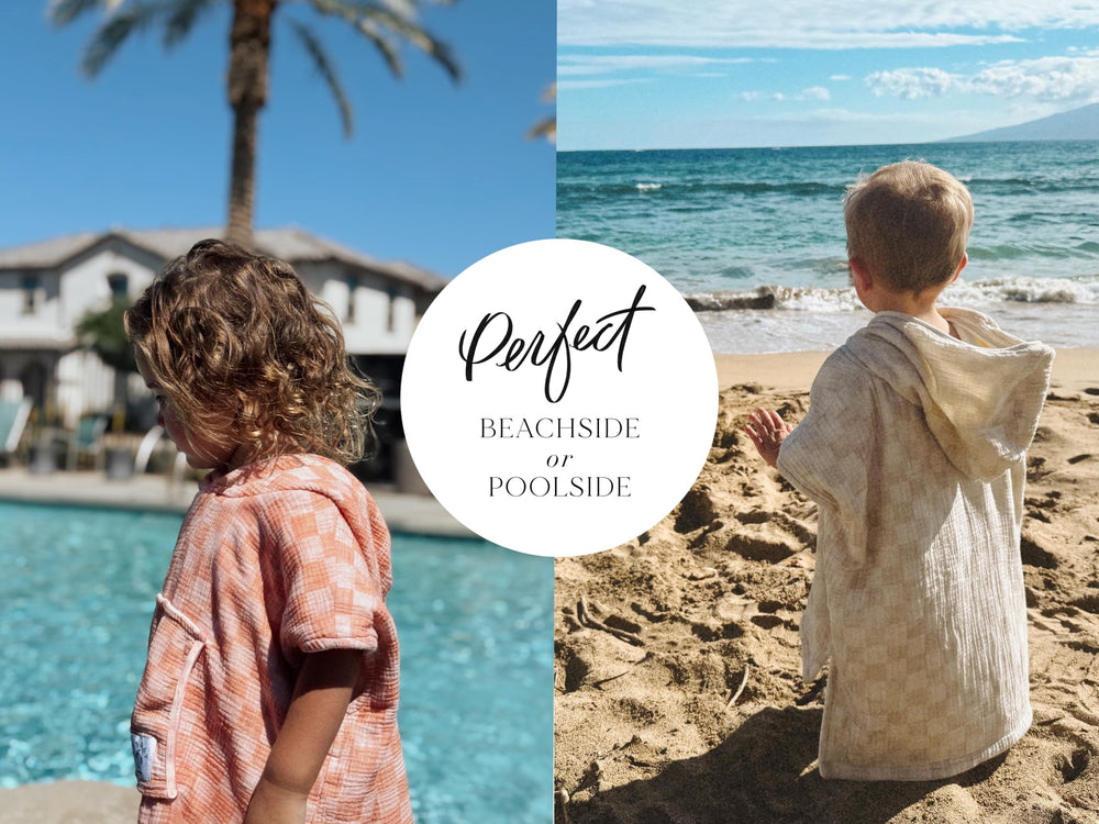 Sunday Swim Co hooded poncho towel laid out for quick packing after a beach day