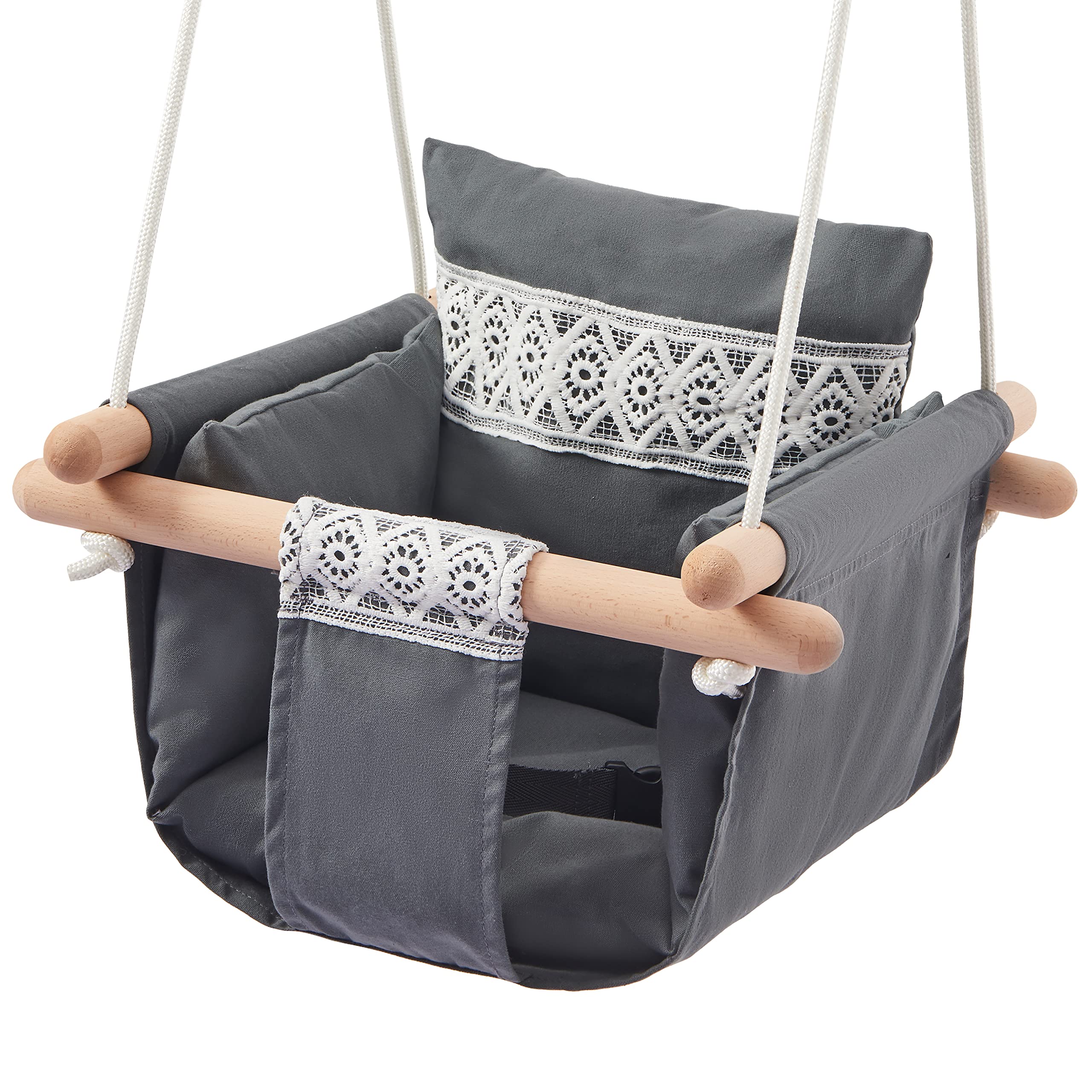 SUNDAYZE secure baby swing seat closeup-beechwood highlights natural durability for indoor or outdoor fun