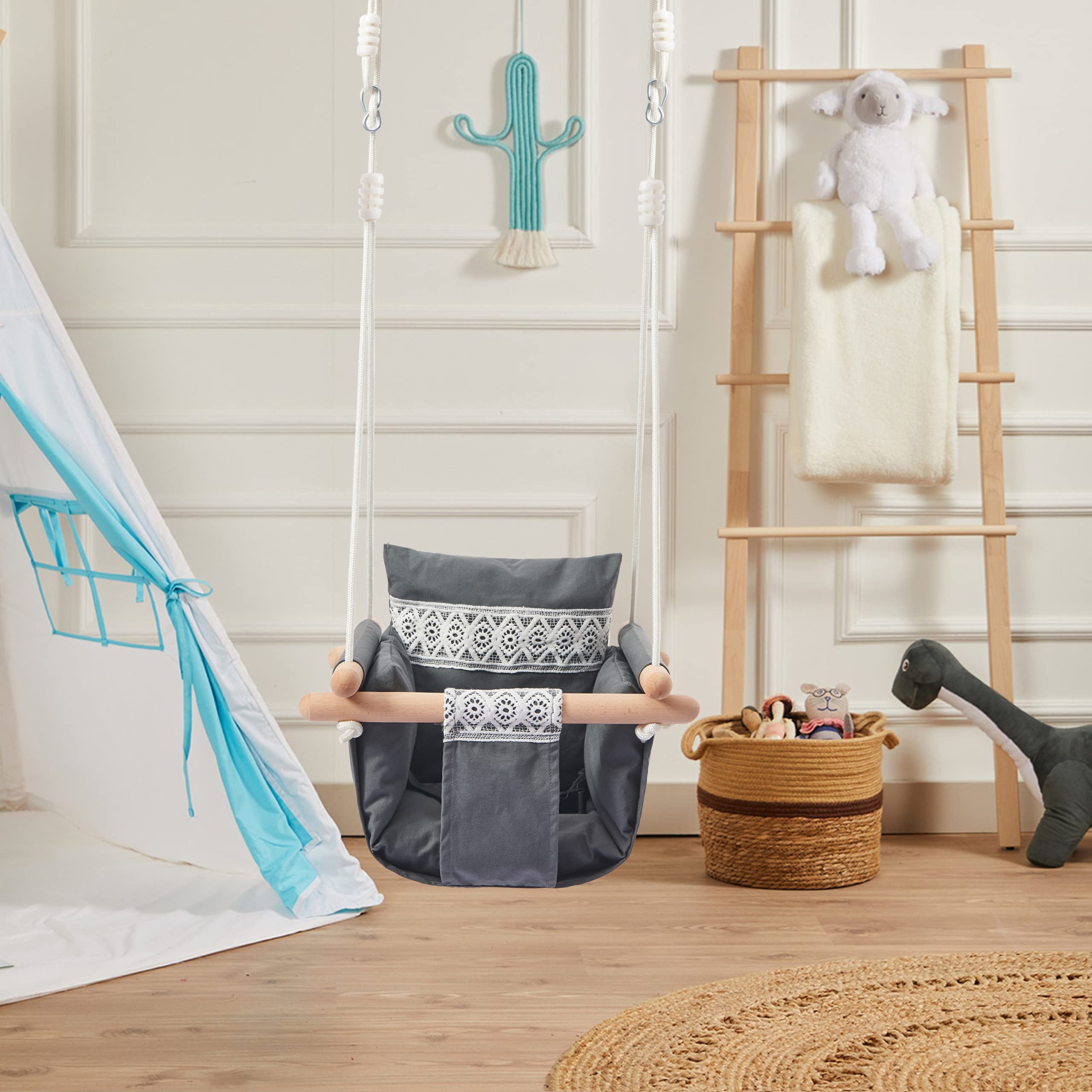 SUNDAYZE secure baby swing seat-canvas-rope shows sturdy materials for safe playtime