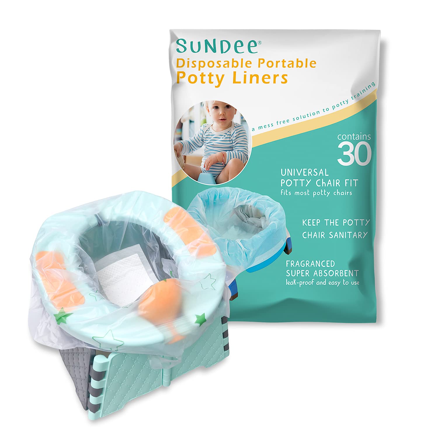 Sundee potty chair liners 30-pack box keeps training tidy and ready for travel.