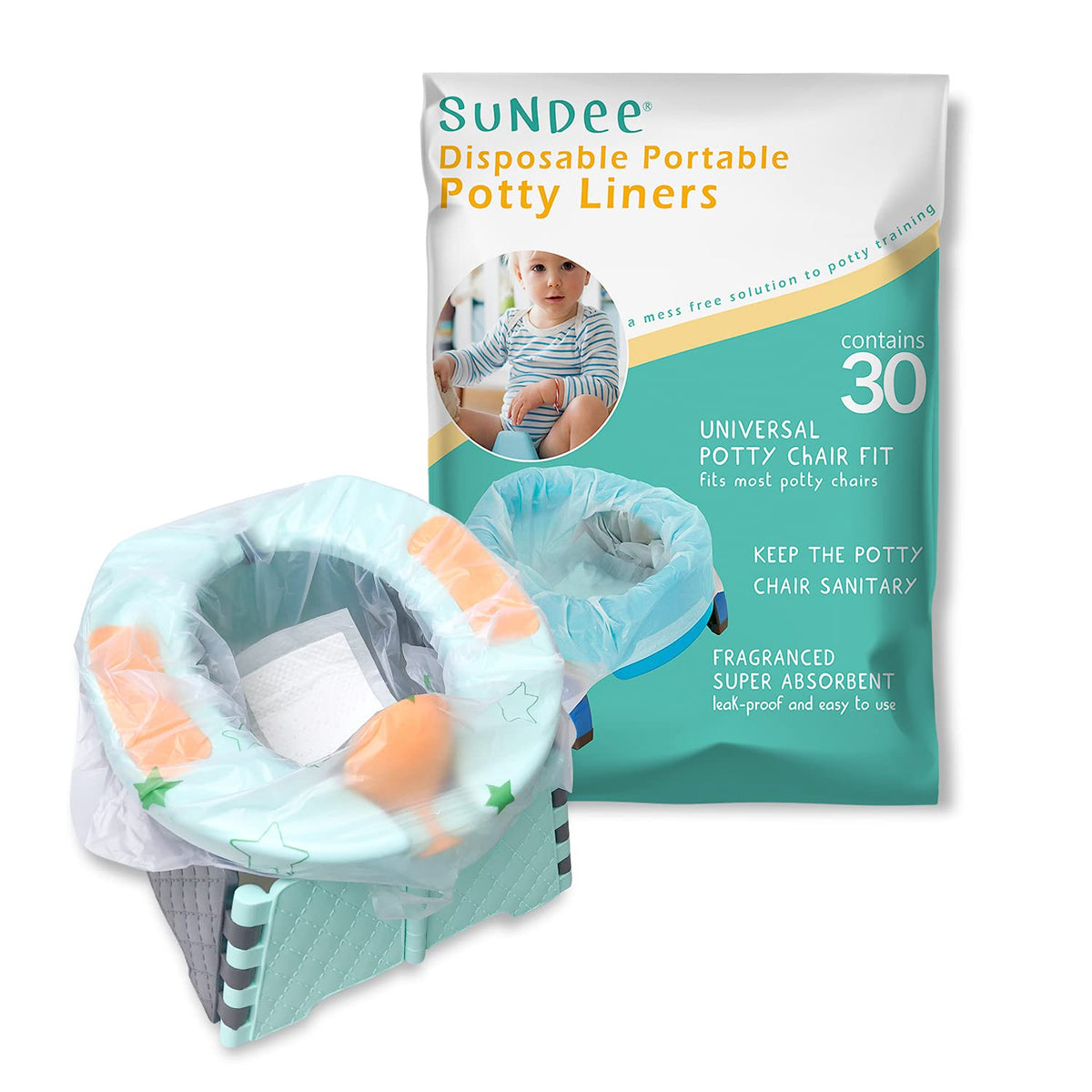 Sundee potty chair liners 30-pack box keeps training tidy and ready for travel.