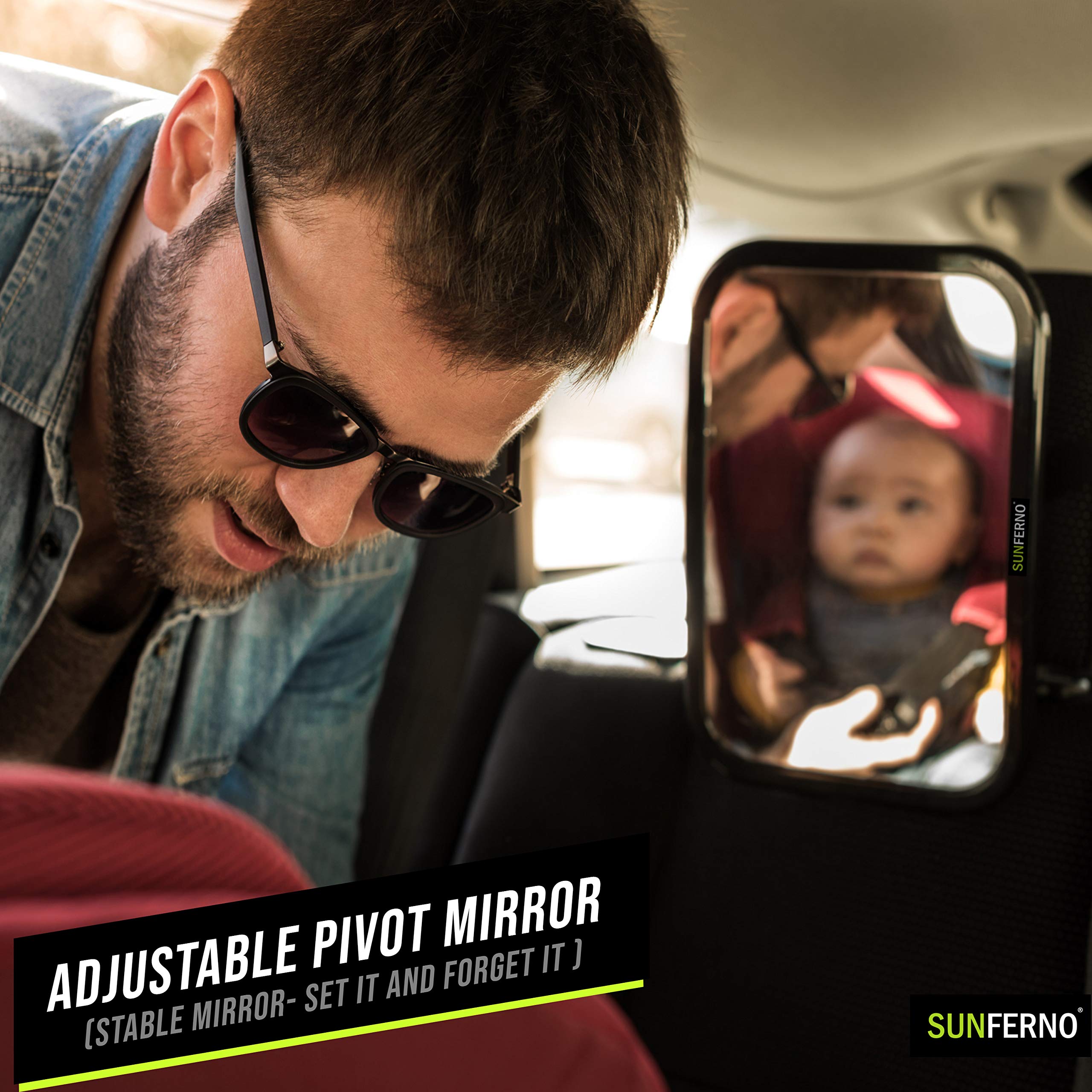 Sunferno Baby Car Mirror provides crystal-clear reflection for quick checks.
