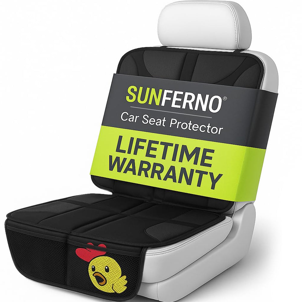 Sunferno car seat protector with strap-secure design prevents slipping during rides