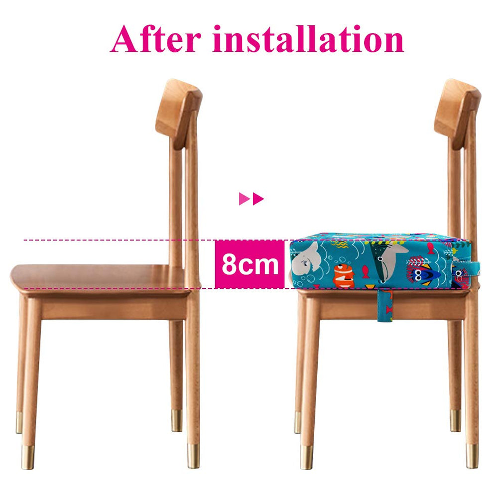 SUNMALL travel-ready booster pictured in a restaurant setting for dining out.