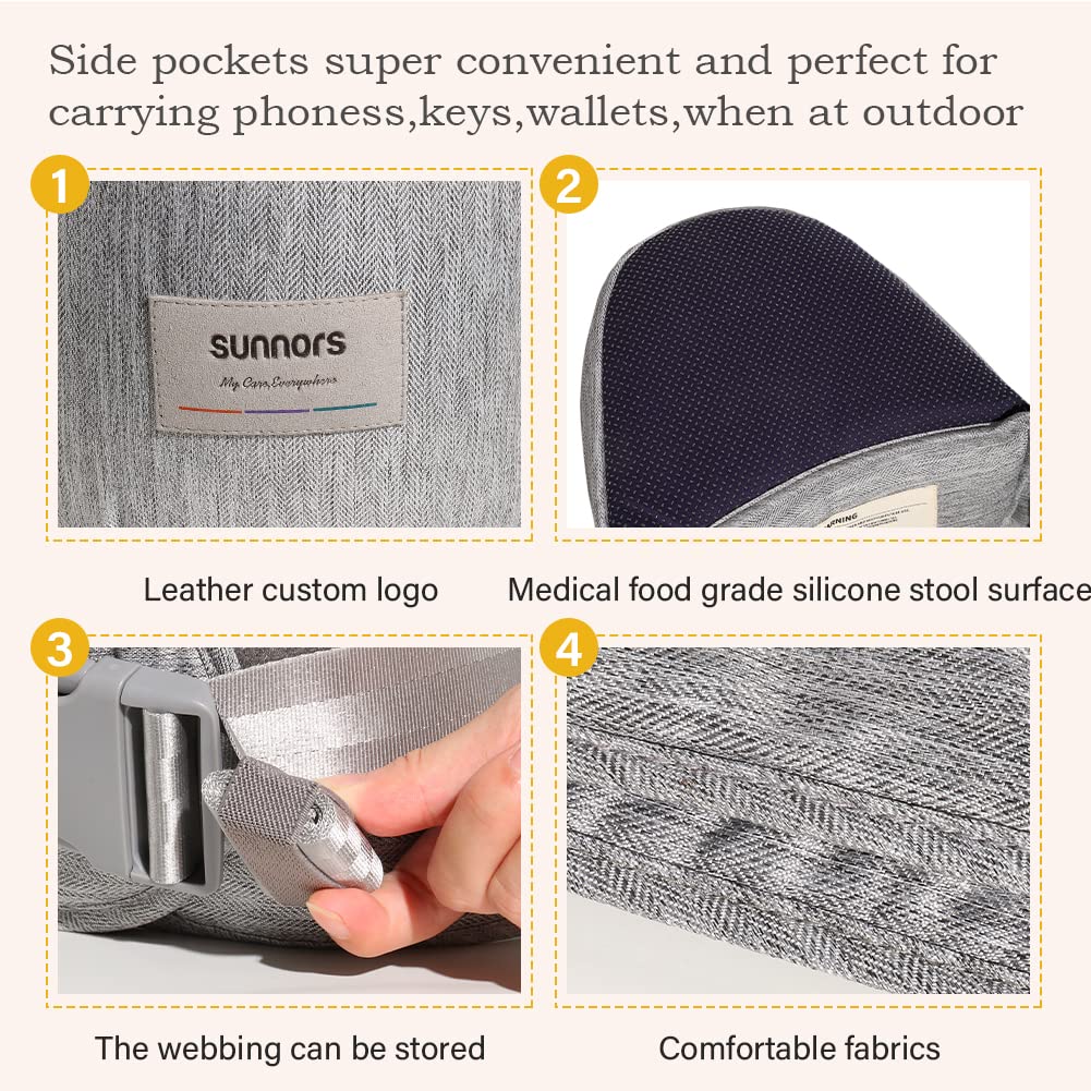 Sunnors hip seat supports babies 7–44 lbs for growing toddlers.