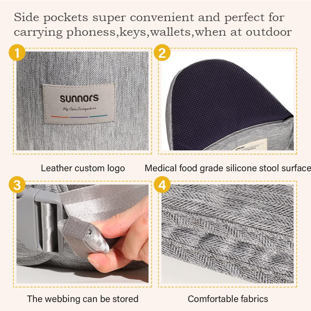 Sunnors hip seat supports babies 7–44 lbs for growing toddlers.