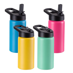 SUNNOW kids water bottle four-pack with straw lid and handle for school days.