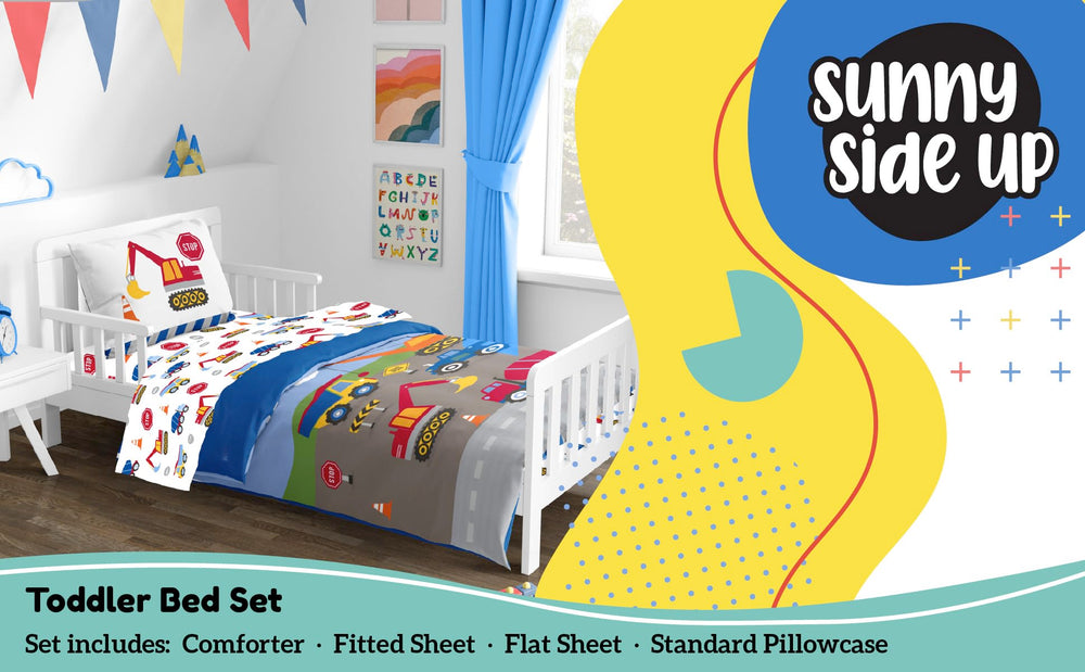 Sunny Side Up construction zone fitted sheet—soft microfiber delivers year-round comfort.