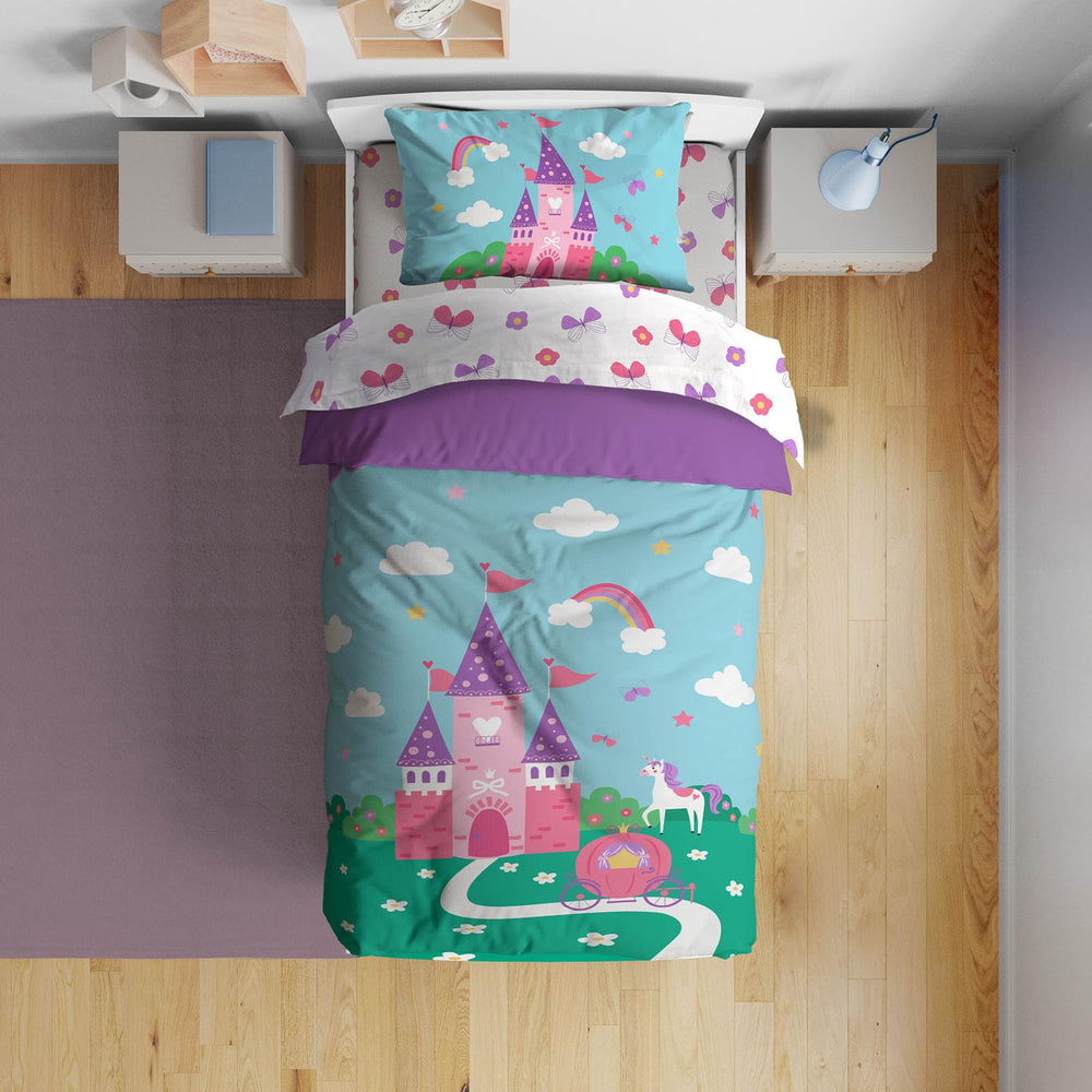 Sunny Side Up Magic Castle comforter shows cozy castle print for restful nights.