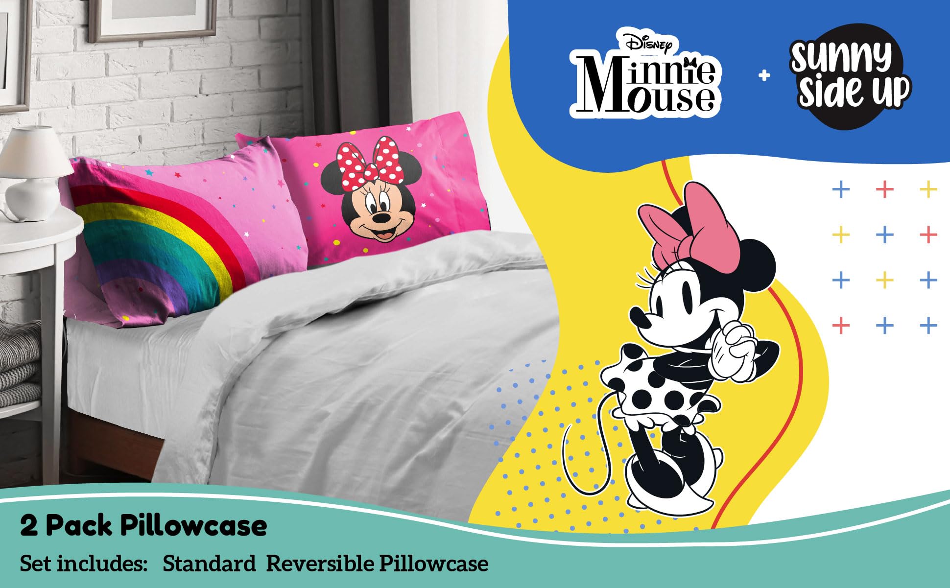 Sunny Side Up Minnie Mouse pillowcase back view highlights reversible design for playful sleep transformations