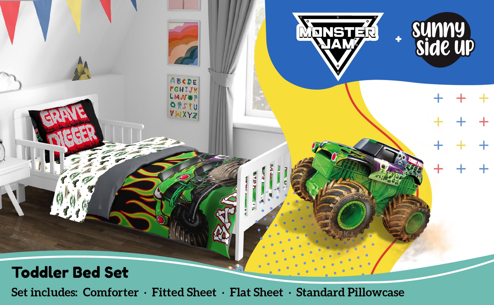 Sunny Side Up Monster Jam comforter folded showing Grave Digger design